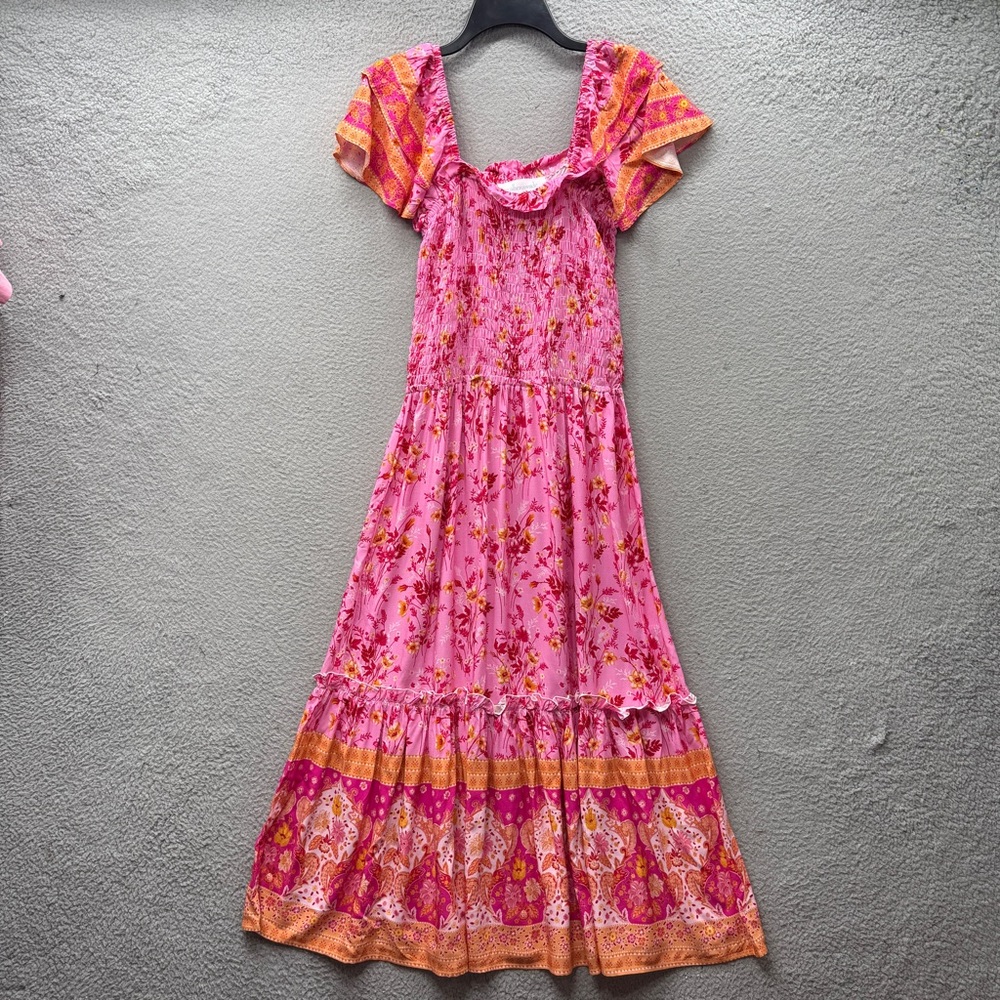 Walker & Wade Midi Tiered Dress Pink Yellow Floral Boho Smocked Flutter Sleeve L